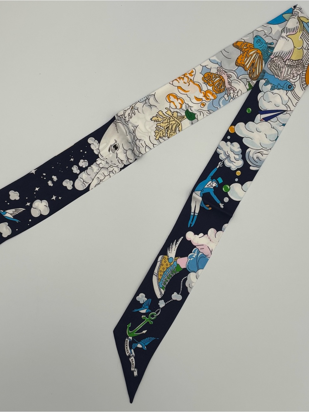 Hermes Sur Mon Nuage Twilly Silk Scarf Marine Clair Ciel Navy Blue Cloud Print - Picture 1 of 6